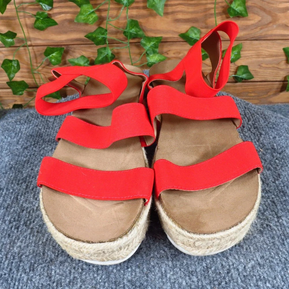 Time and Tru Women Sandal 11 Casual Summer‎ Red Fabric Espadrille Flatform